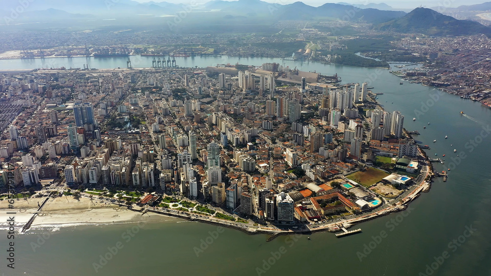 Fototapeta premium Night scape of Coastal City of Santos Sao Paulo Brazil. Night life landscape of South Coastal of Sao Paulo. Tropical Travel destination and coastal scenery.