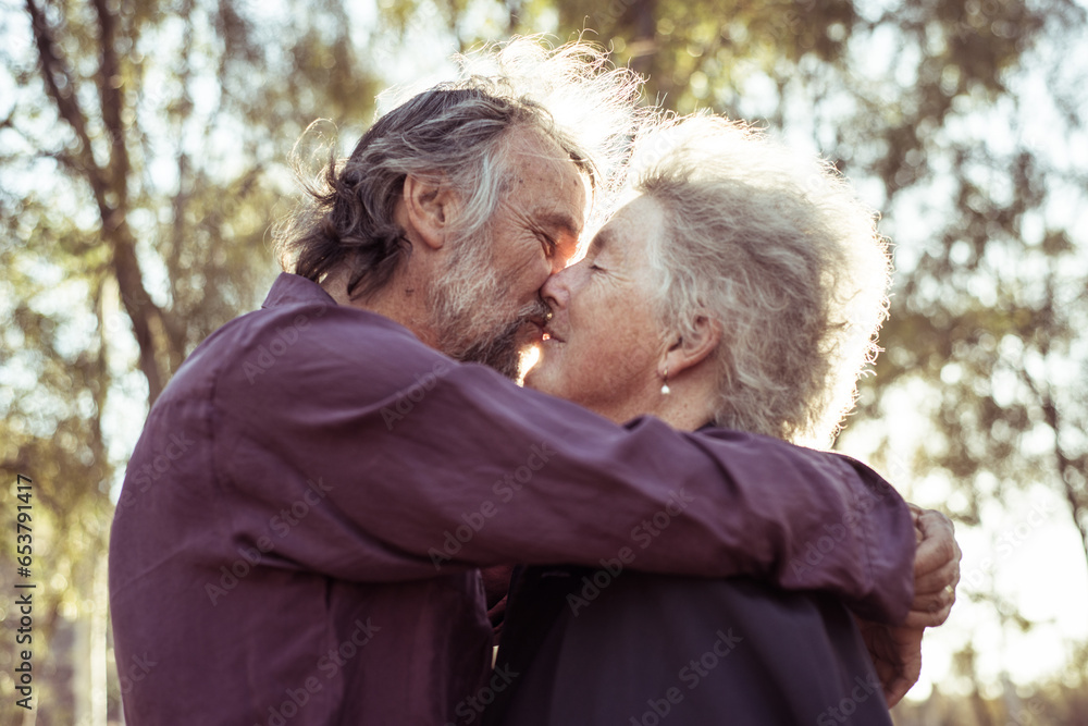Elderly couple hug together Elderly couple hug together