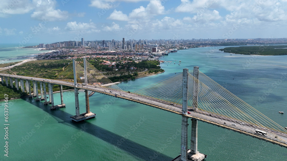 Panoramic view of Cable Bridge at Natal capital city of Rio Grande do Norte. Brazil Northeastern. Downtown aerial cityscape cable bridge. Natal Rio Grande do Norte. Natal Brazil. 
