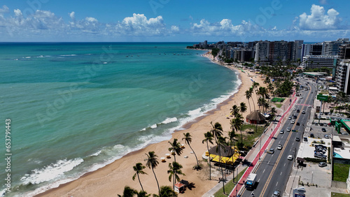 Maceio Alagoas Brazil at brazilian Northeast. Aerial panning shoot of turquoise water beach at Maceio Alagoas Brazil. Landmark beach tourism sights. Travel destination photo