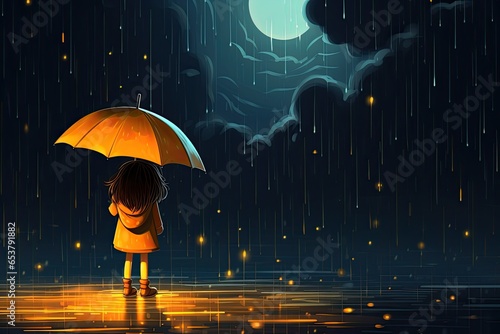 little girl stand in rain with yellow umbrella illustration