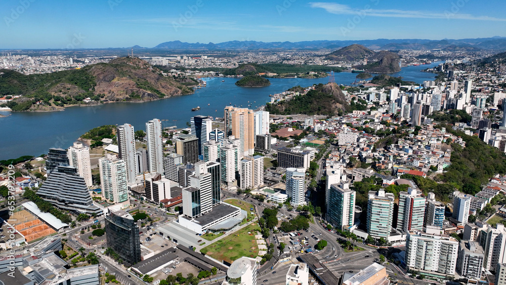 Aerial cityscape of downtown Vitoria state of Espirito Santo Brazil. Bulldings and avenues landmark of city of Vitoria Espirito Santo. Brazilian coast town capital city. Downtown district.