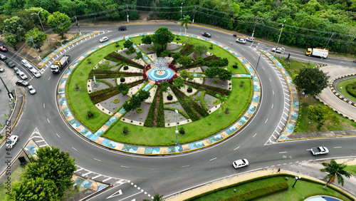 Panoramic aerial view of famous Letters Square Roundabout downtown city Manaus Brazil. Cityscape of tourism landmark city. Letters Roundabout at downtown Manaus Brazil.