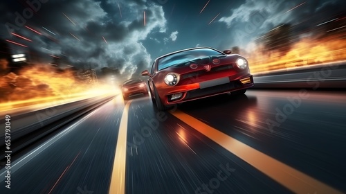 Speedometer scoring high speed in a fast motion blur racetrack background. Speeding Car Background Photo Concept.