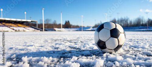 soccer ball in the snow in an empty stadium - sports winter break - season pause or end - copy space - generative ai © Cristiano Venti