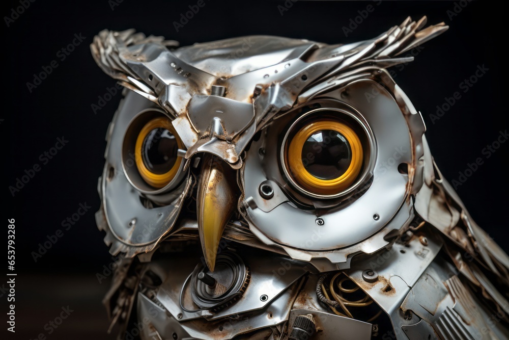 Owl Made of Old Metal: A Rustic and Creative Metal Sculpture Crafted from Reclaimed and Recycled Materials, Showcasing Artistry and Sustainability Owl Made of Old Metal: A Rustic and Creative Metal Sculpture Crafted from Reclaimed and Recycled Materials, Showcasing Artistry and Sustainability