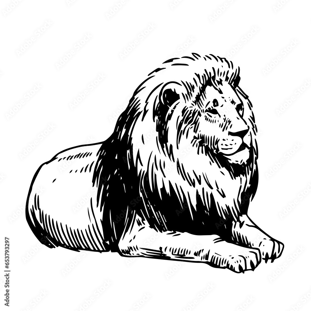 Lion hand drawn sketch illustration. Vector black outline on ...