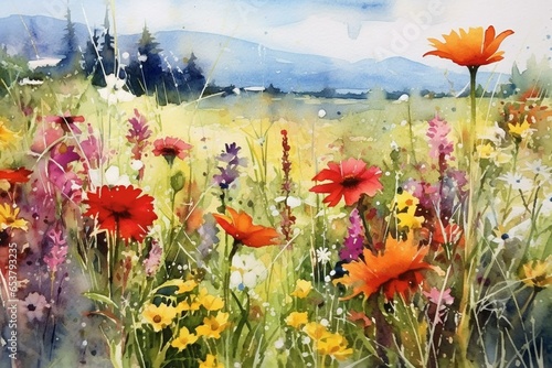 Vibrant watercolor painting of a field full of wildflowers during a summery day. Generative AI