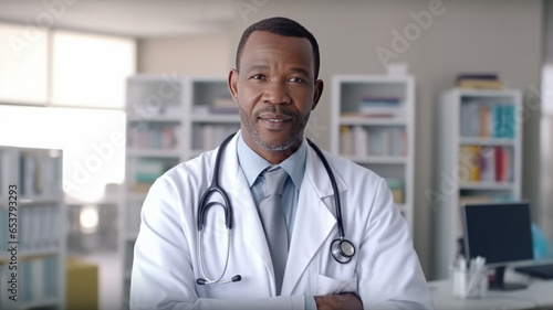 african male Doctor Wearing White Coat With Stethoscope In Hospital Office.Generative AI.