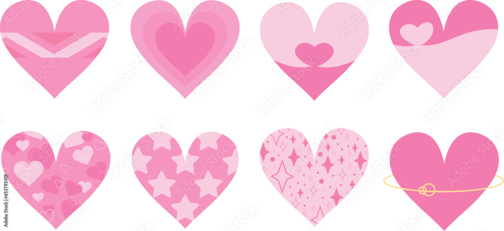 Pink heart icon set with various patterns. Stars, hearts and geometric ornaments. Decoration elements for greeting and love cards isolated on white background. Vector illustration