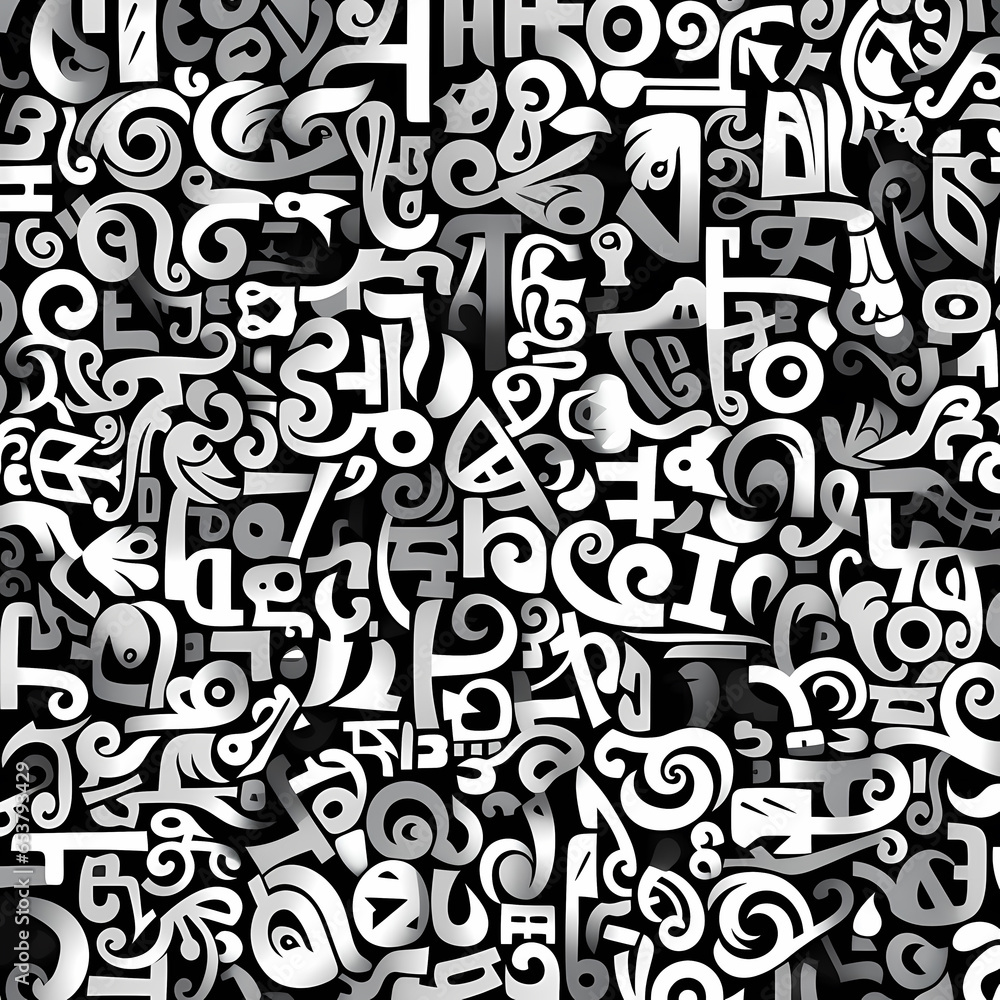 A cryptic message in black and white. The chaos of coded letters and numbers. An abstract pattern of text and figures. A geometric illustration of data and information