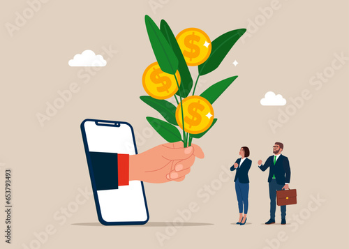 Hand businessman with smartphone holds money plants with coin flower. Financial growth. Vector illustration