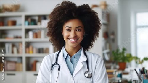 african american female Doctor Wearing White Coat With Stethoscope In Hospital Office.