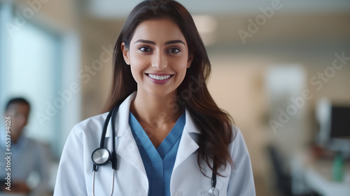 female Doctor Wearing White Coat With Stethoscope In Hospital Office.