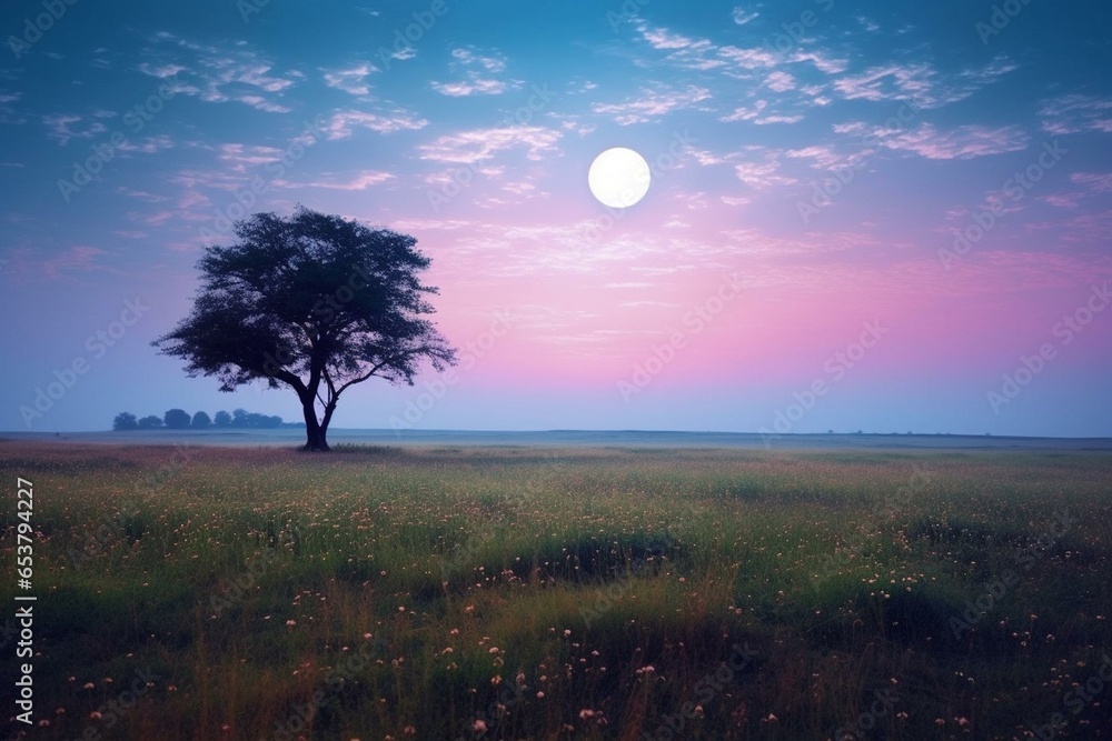 A lonely tree resides beneath a stunning moon in a spacious meadow. Generative AI