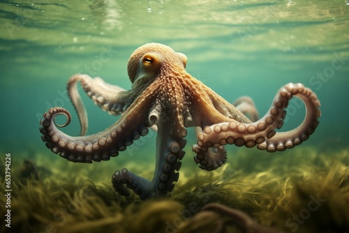 Octopus swimming in ocean. Generative AI © Tahlia