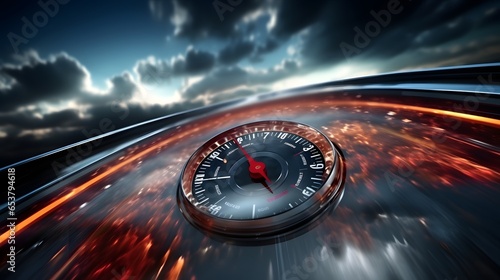 Speedometer scoring high speed in a fast motion blur racetrack background. Speeding Car Background Photo Concept.