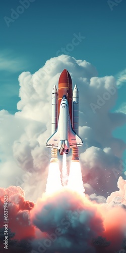 Space Shuttle Takes Off in a Cloudy Sky  Embarking on a Lunar Journey as Part of an Exciting Space Mission to the Moon