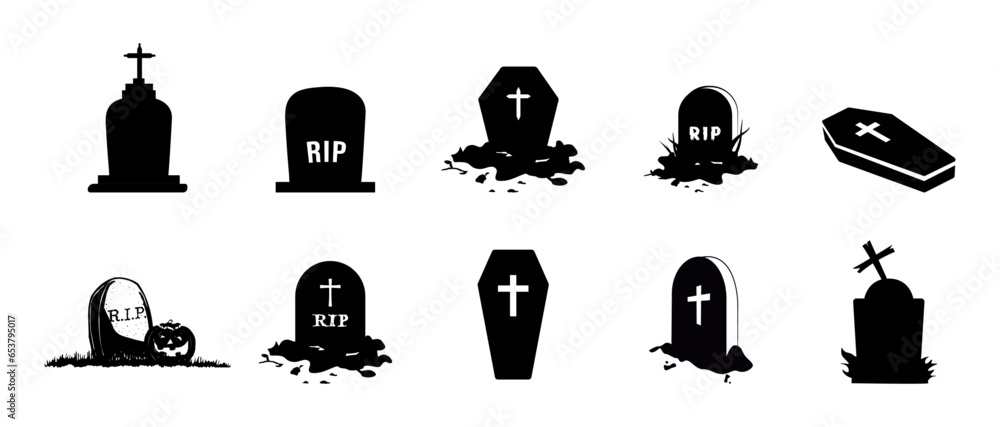 Spooky tombstone vector illustration. RIP gravestone for Halloween, cemetery or tomb, stone crosses on white background. Halloween, funeral concept design. - obrazy, fototapety, plakaty 