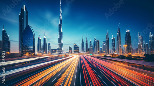 Dubai  futuristic skyline  Burj Khalifa towering  twilight transition  cars zooming on the highway  long exposure