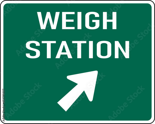 Vector graphic of a green Weigh Station MUTCD highway sign. It consists of the wording Weigh Station and a diagonal arrow contained in a white rectangle