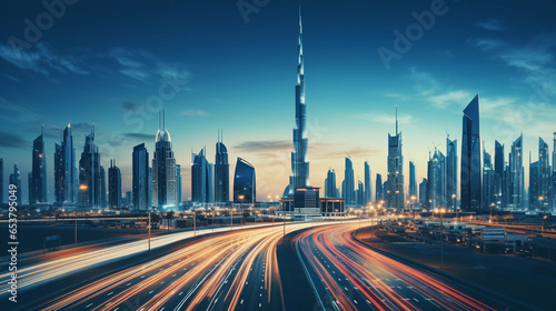 Dubai, futuristic skyline, Burj Khalifa towering, twilight transition, cars zooming on the highway, long exposure