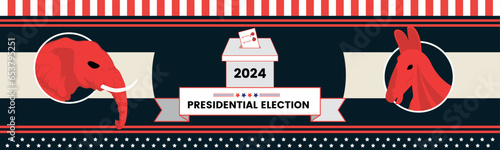 Presidential USA Election Banner for year 2024. American Election campaign between democrats and republicans. Election symbol elephent and donkey. Vote America. Ballot box.