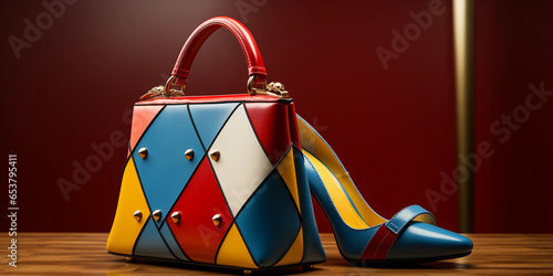 Handbags and heels, pop art flair, strong primary colors, 2D flat art, arranged in geometric patterns, studio lighting