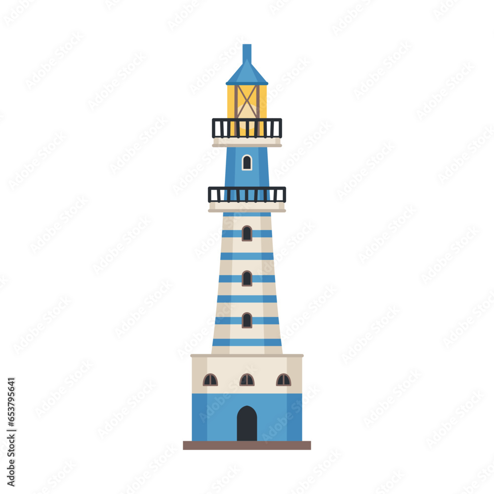 Sea detailed lighthouse icon isolated on white - vector. Beacon tower with searchlight lamp isolated icon. Vector nautical striped tower, navigation symbol, seafarer beacon.