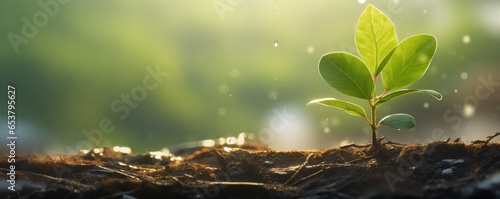 A young plant growing up with rainwater in sunlight. , ultra realistic panorama. Generative Ai.