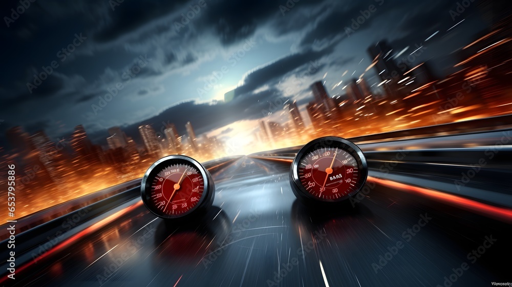 Speedometer scoring high speed in a fast motion blur racetrack background. Speeding Car Background Photo Concept. - obrazy, fototapety, plakaty 