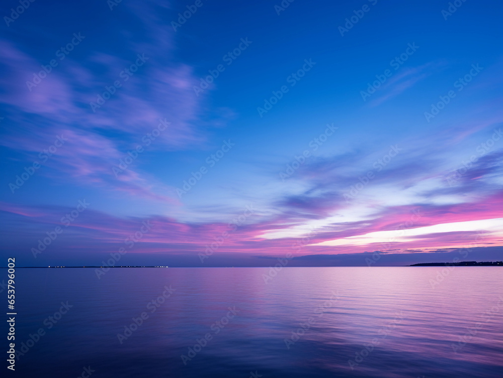 Twilight sky, deep blue gradient transitioning to indigo, glowing horizon, soft ambient light, long exposure