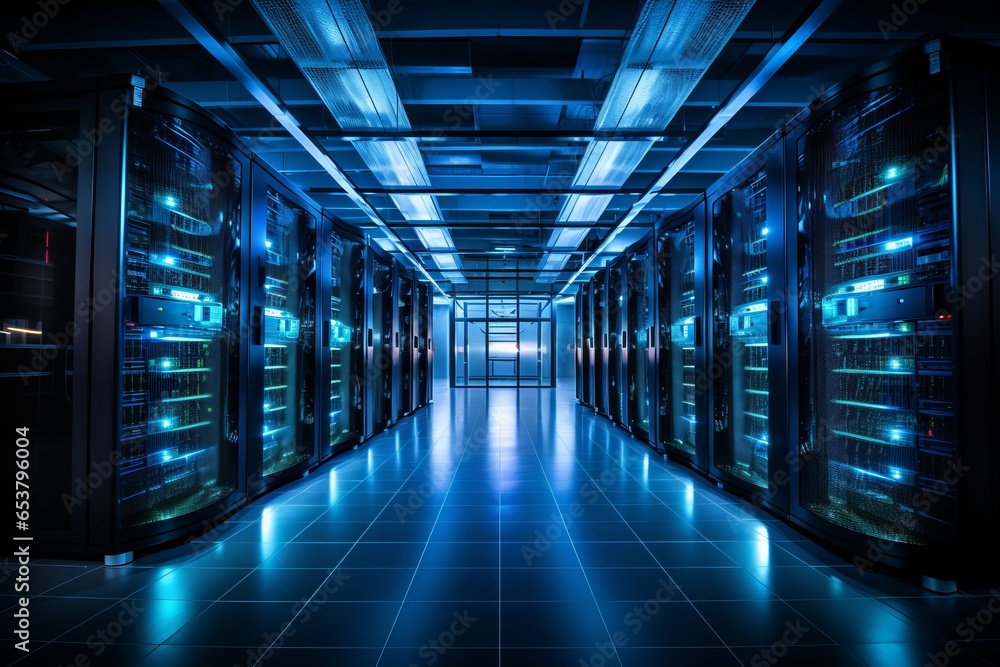 Photo of a data centre with rows of neatly arranged servers created with Generative AI technology