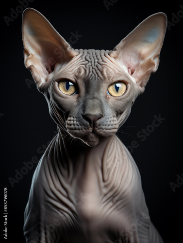 Sphynx cat in a dramatic pose, sharp focus on the eyes. Studio setup with charcoal gray background, high contrast lighting to emphasize skin texture © Marco Attano