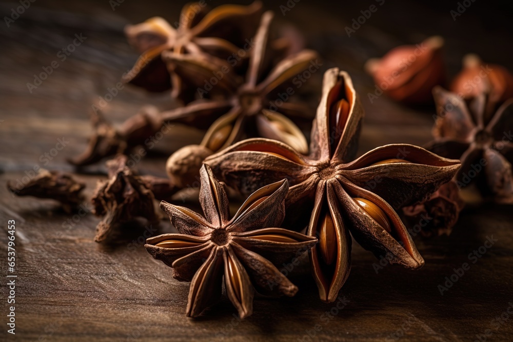 Close up of several spicy anise stars on a wooden table in a dark key Close up of several spicy anise stars on a wooden table in a dark key