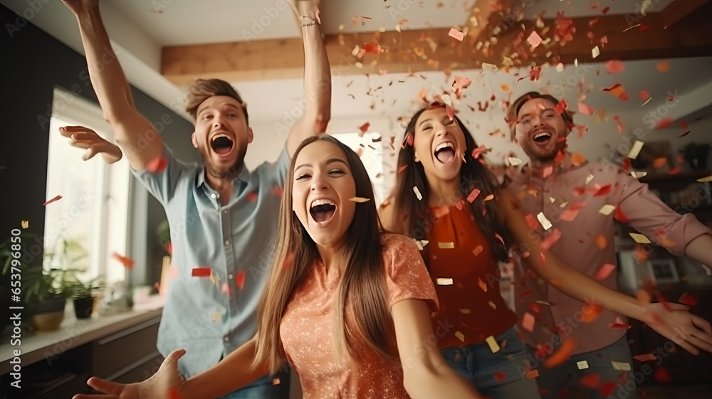 happy young people throwing confetti and jumping while enjoying home party. - obrazy, fototapety, plakaty 