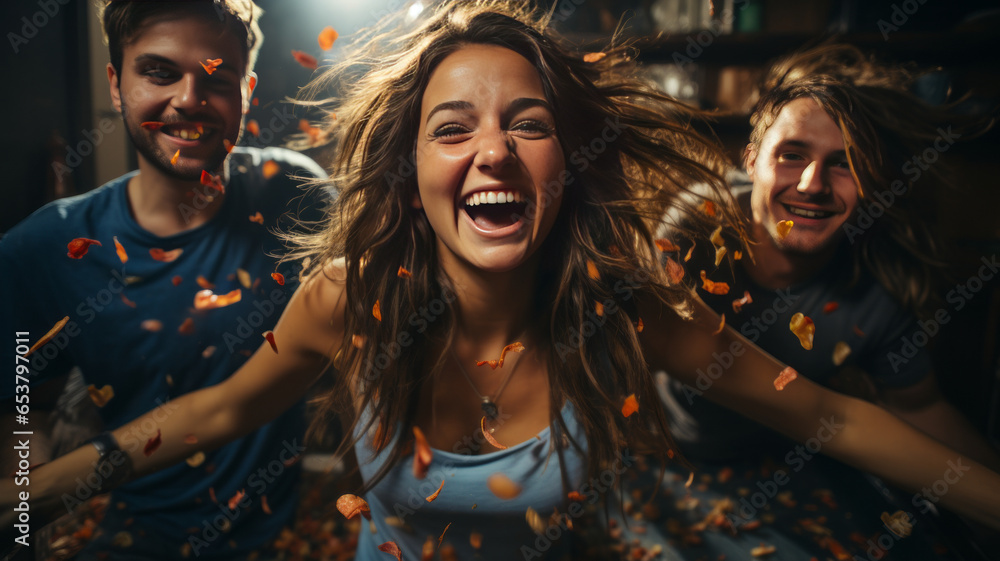 happy young people throwing confetti and jumping while enjoying home party. happy young people throwing confetti and jumping while enjoying home party.
