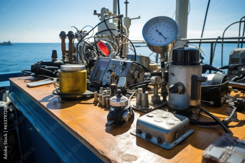 Scientific equipment on the deck of a research vessel, close up