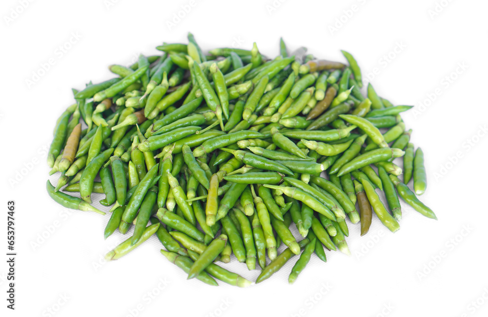 Green chillies isolated on white background. Concept, food ingredient for seasoning with hot and spicy taste of food. Medicinal property. Medicine from nature vegetables. Thai hot chillies. Green chillies isolated on white background. Concept, food ingredient for seasoning with hot and spicy taste of food. Medicinal property. Medicine from nature vegetables. Thai hot chillies.