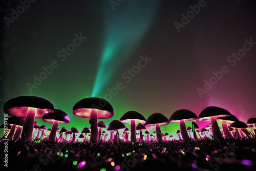 Neon mushrooms, 3D illustration. Magic mushrooms, a group of fungi in forest, generative ai
