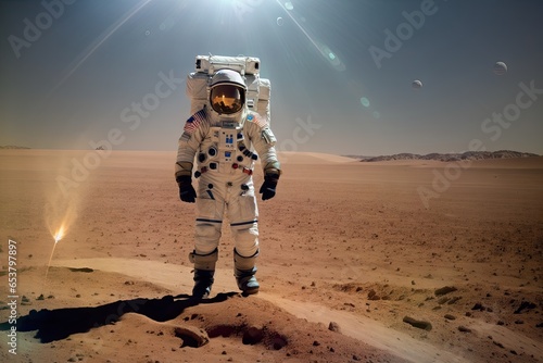 Spaceman walks on the red planet Mars. Space Mission. A man in a space suit walking across a desert, generative ai