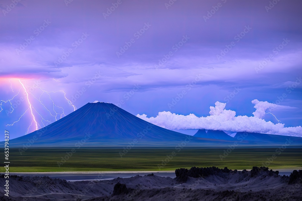 Fototapeta premium Night landscape with volcano and burning lava. Volcano eruption, fantasy landscape, generative ai
