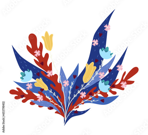 Floral composition, bouquet with leaves branches