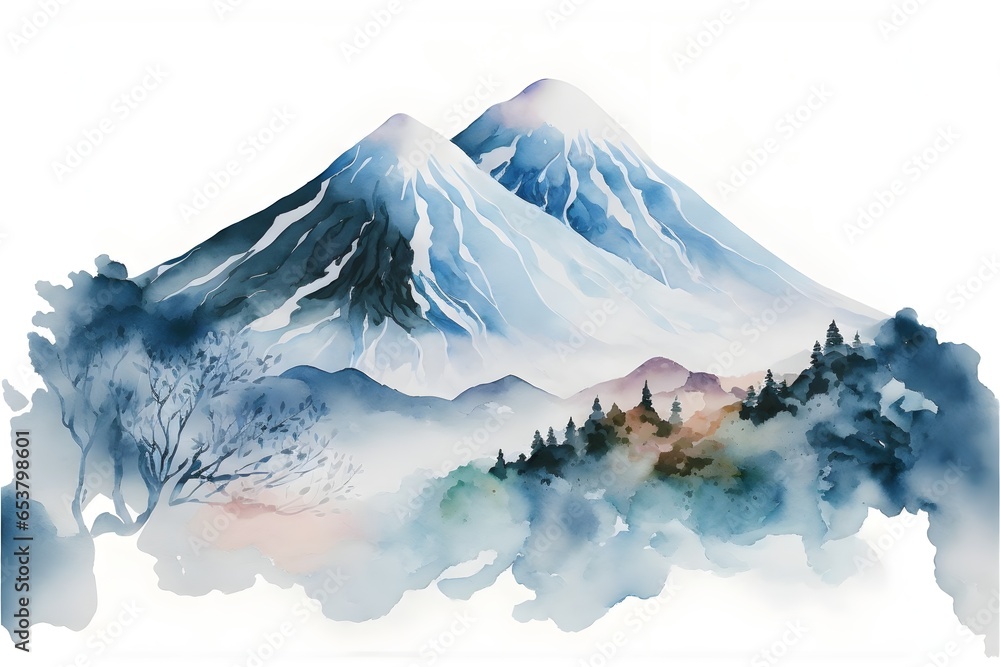 watercolor light blue japanese moutains pastel  - obrazy, fototapety, plakaty 