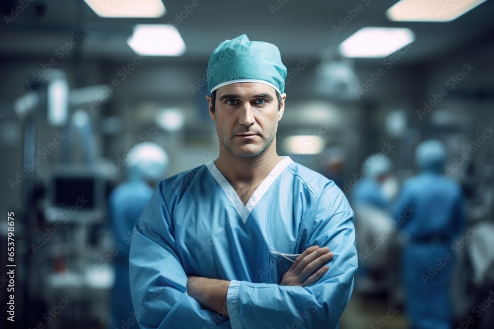 Surgeon man doctor serious angry face portrait in operation room - obrazy, fototapety, plakaty 