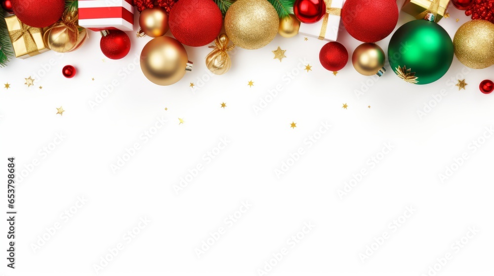 decorated christmas background with red, green,white and gold elements on white copy space decorated christmas background with red, green,white and gold elements on white copy space