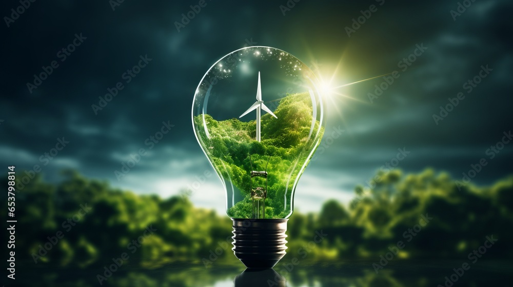 Photo of a unique light bulb with trees and a wind turbine inside ...