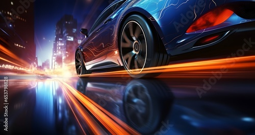 Sport car wheel drifting on night of city lighting background