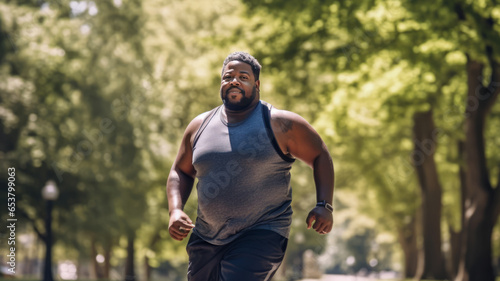 a chubby black man exercising, a healthy jogger walking in a city park. photo