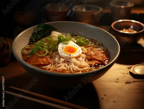 a bowl of macro ramen topped with katsu and boiled egg, ai generative